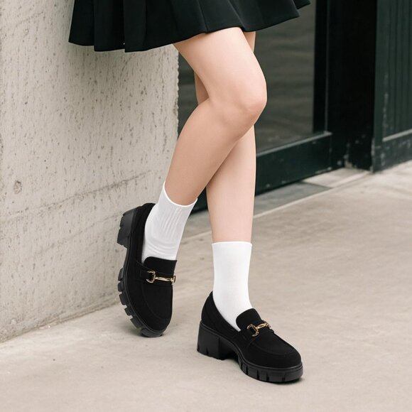 Dream Pairs Women Black Platform Chunky Heeled Slip On Loafers with Horsebit - Picture 3 of 8